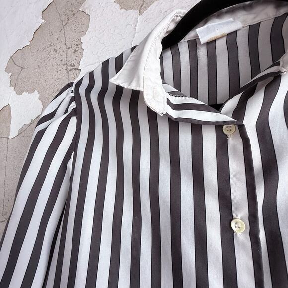 Vtg 70s Puff Sleeve Blouse Striped Button Up Shirt Womens M French Girl Classic - Picture 3 of 7